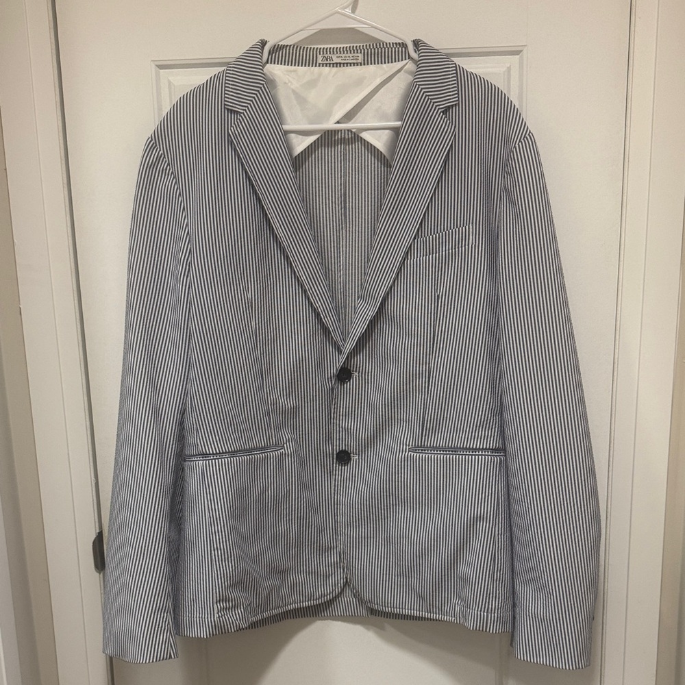 ZARA Men’s Classic Blue & White Striped Seersucker Blazer - Size XL - Picture 3 of 14
